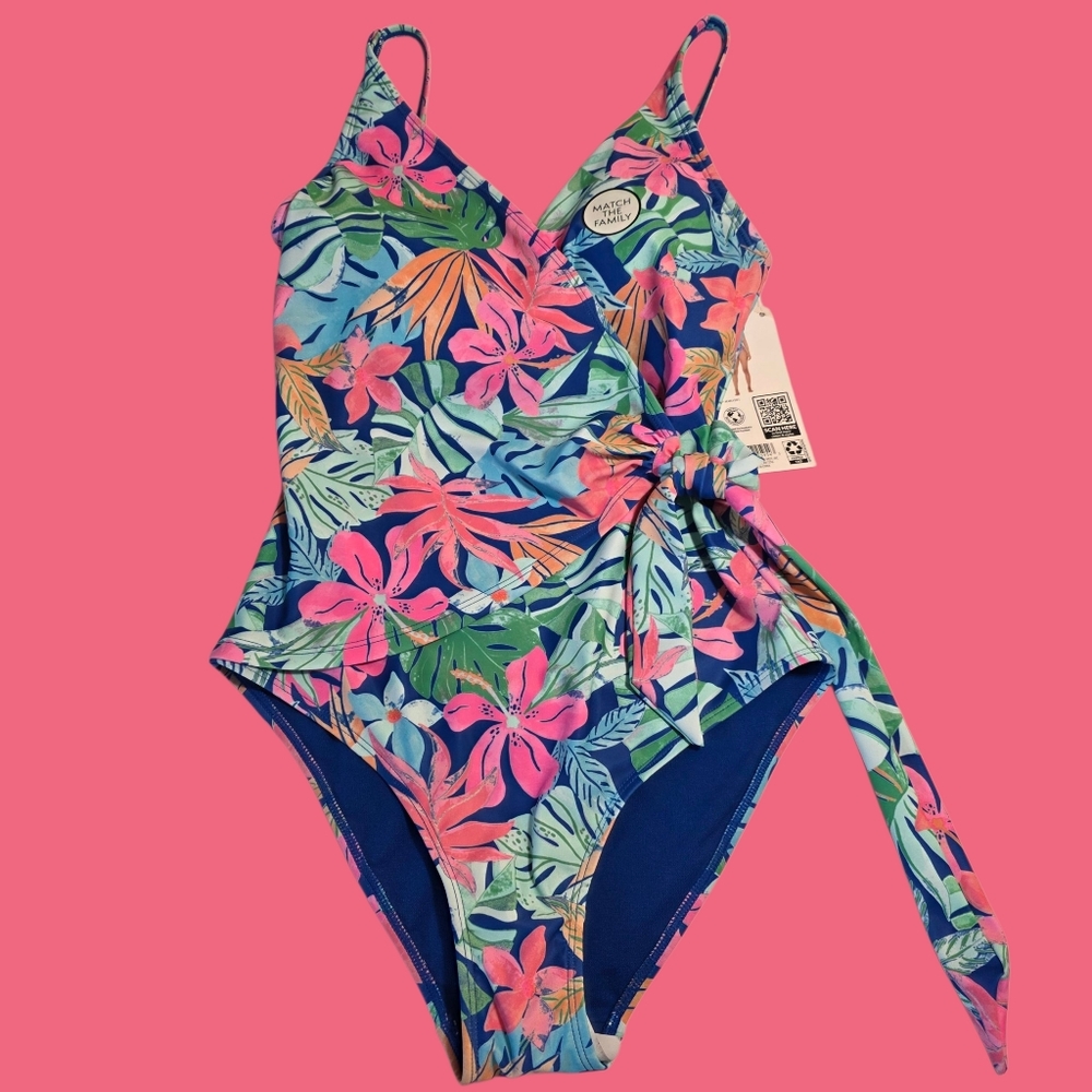 Member's Mark Tropical Floral Tummy Control One Piece Faux Wrap Swimsuit S NWT